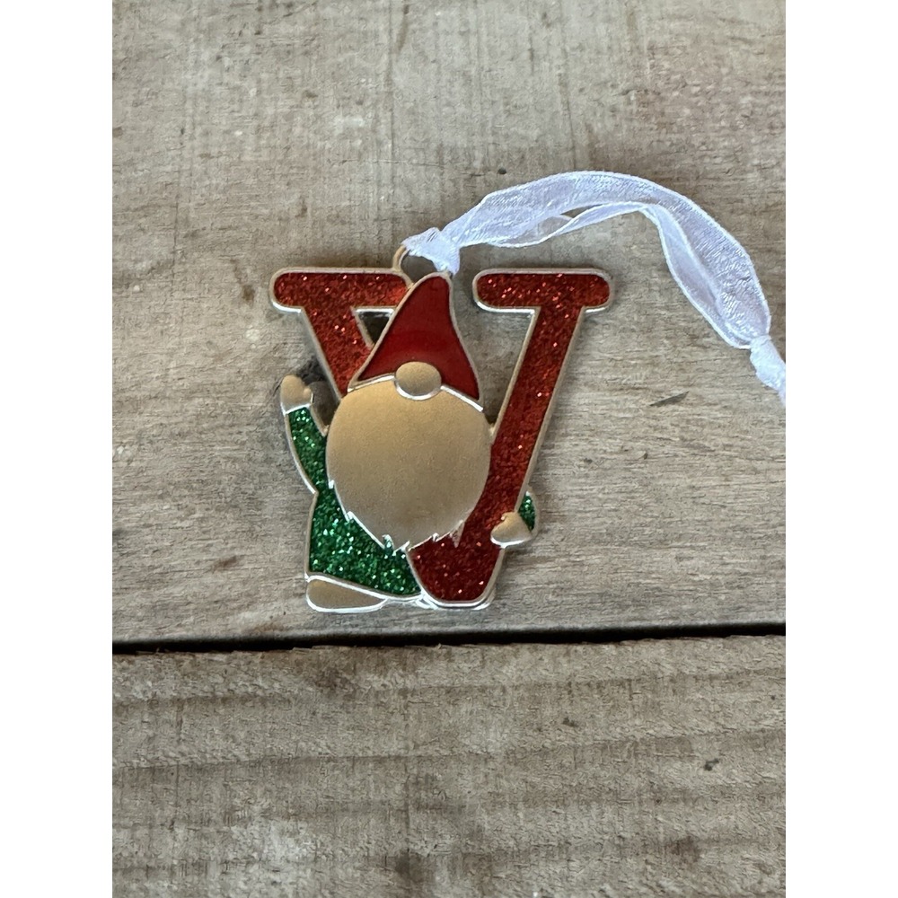 Christmas Nome Elf Green and Red Letter V Christmas Ornament